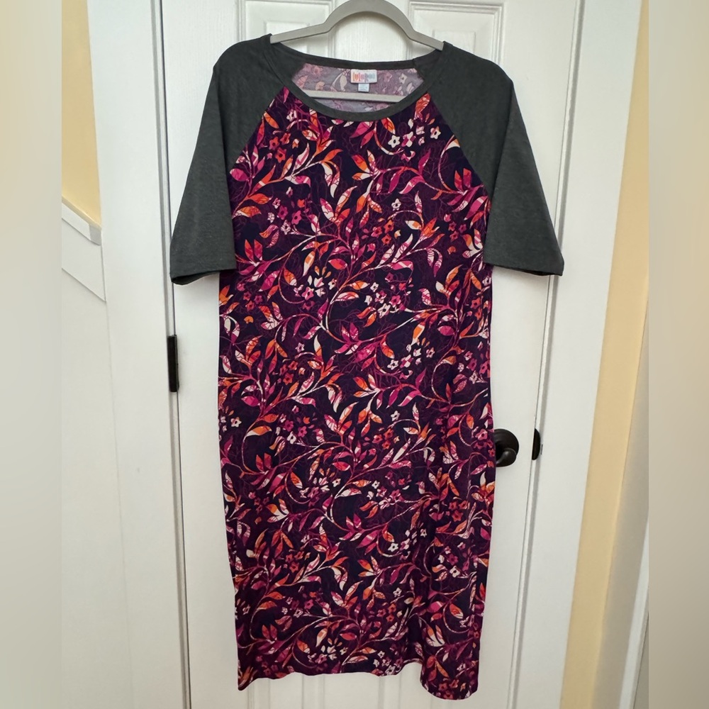 LuLaRoe Plum Floral Raglan Dress with Charcoal Trim